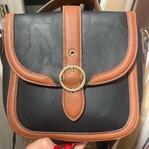 Two-Tone Faux Leather Crossbody Purse – Black & Cognac Brown